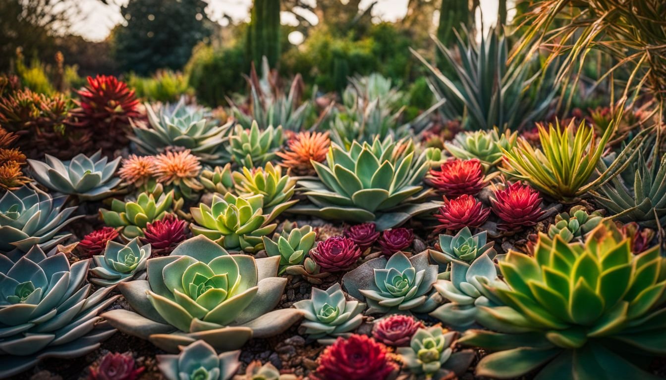 A diverse array of low-maintenance succulents covering garden ground.