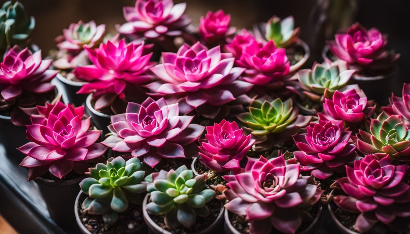A collection of vibrant pink succulents in a well-lit indoor setting.