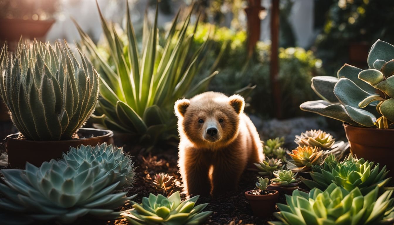 A well-lit garden with a Bear's Paw Succulent as the focus.