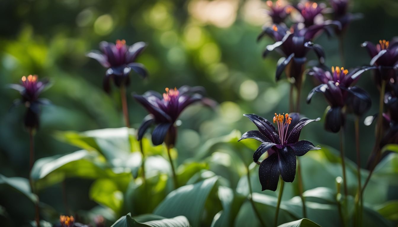 A close-up photo of Black Lily flowers in a vibrant garden.