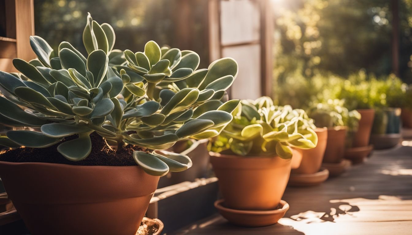 A photo of a Cotyledon Orbiculata plant surrounded by decorative pots.
