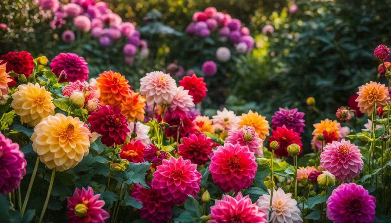 A stunning display of diverse dahlia blooms in a lush garden.