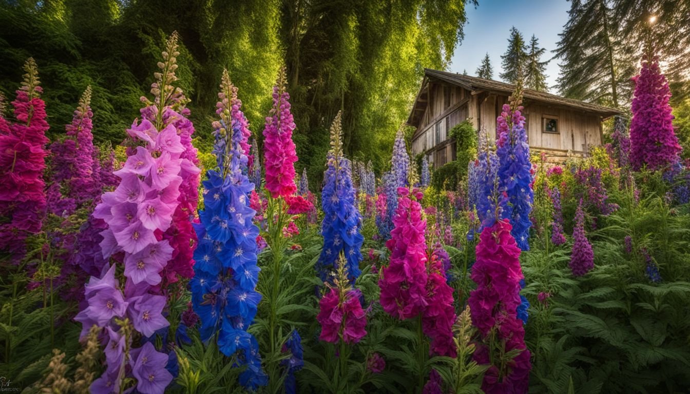 A photo of vibrant Delphinium Pacific Giants in a lush cottage garden.