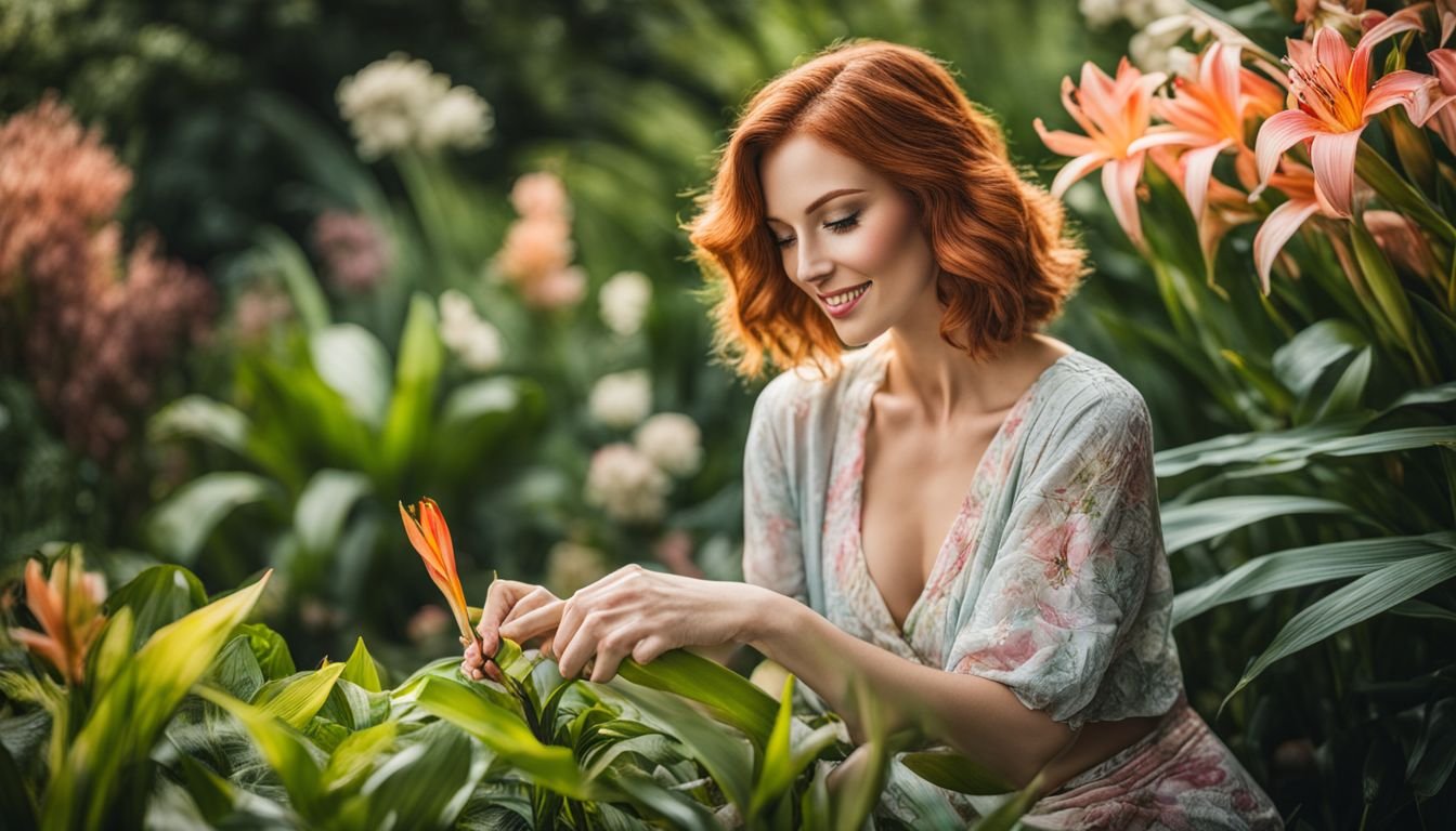 A woman enjoying gardening in a beautiful, vibrant garden with blooming flowers.