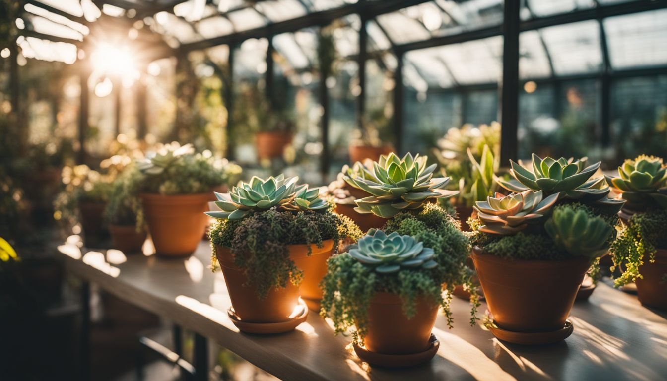 A collection of diverse succulents hanging in a well-lit conservatory.