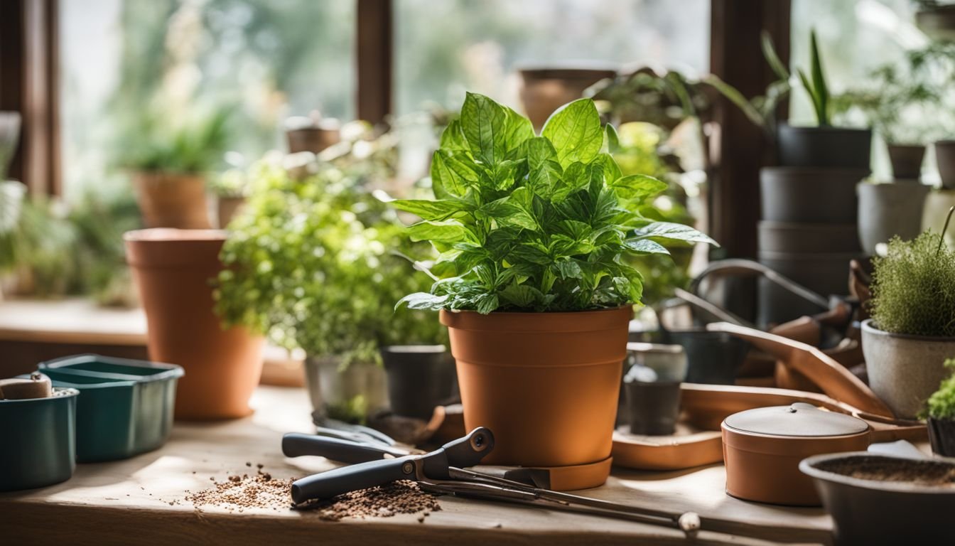 A healthy indoor plant surrounded by gardening tools in a bright environment.