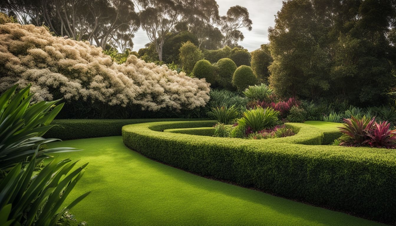 A well-manicured native Australian garden with a trimmed Lilly Pilly hedge.
