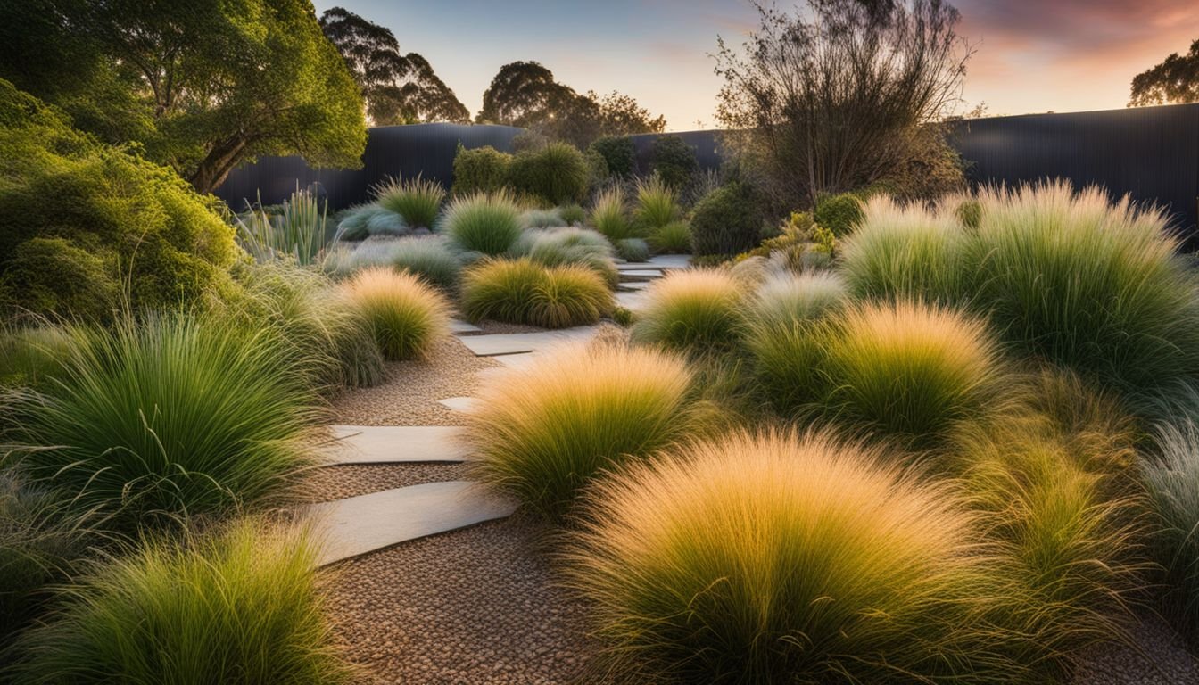 A garden landscape with thriving Lomandra varieties in various Australian environments.