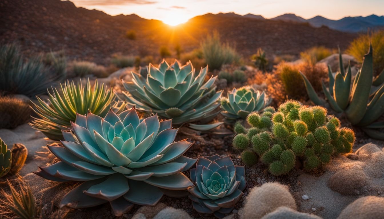A photo of Mermaid Tail Succulents in a desert garden at sunset.