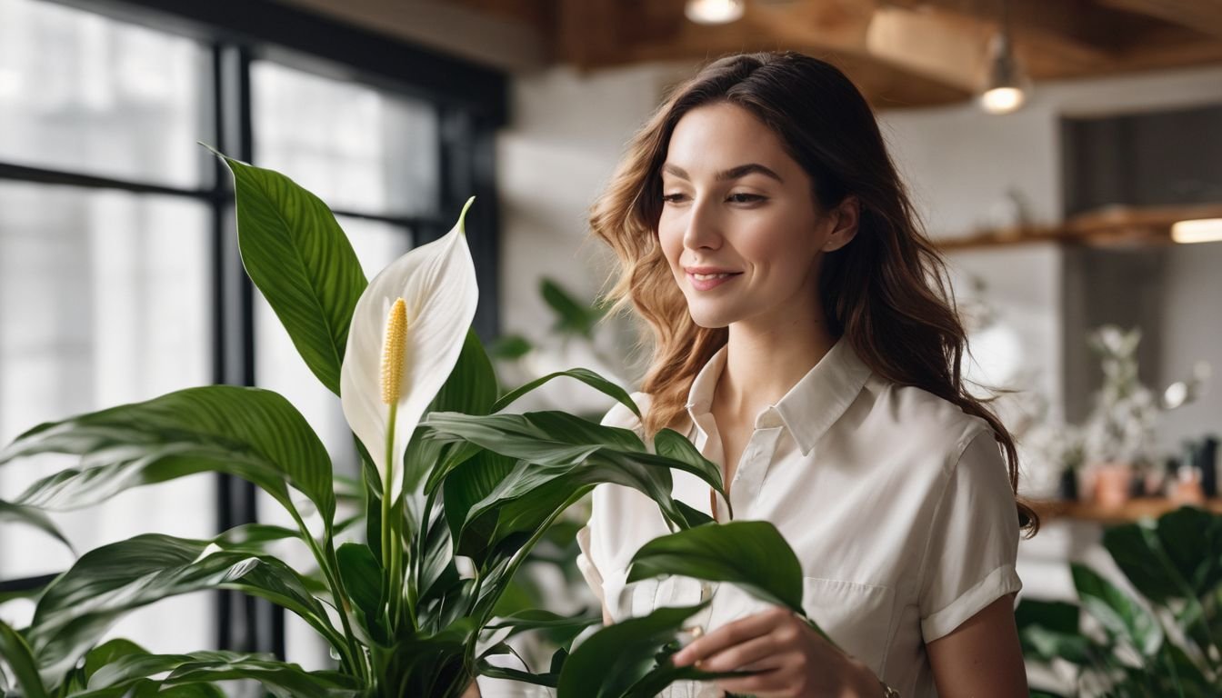 A person peacefully tends to a blooming peace lily indoors.