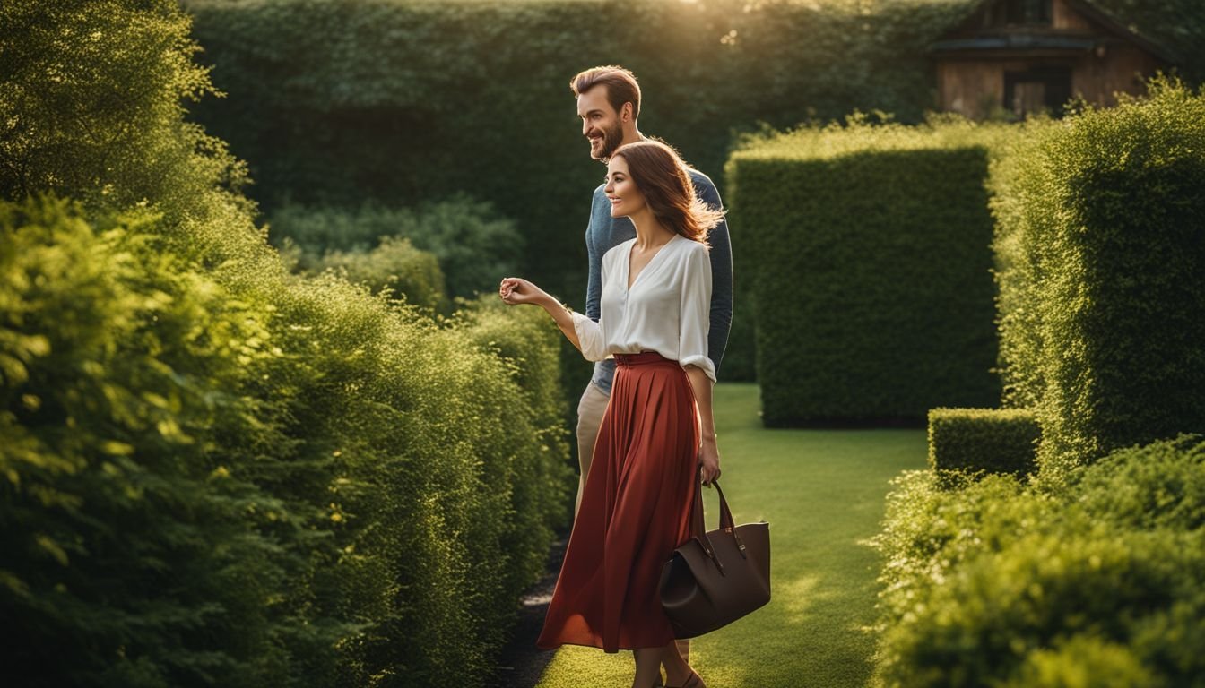 A man and woman exploring a beautiful garden together.