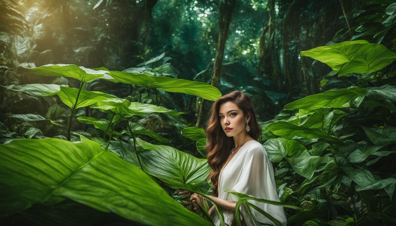 A photo of Syngonium White Fantasy in a lush rainforest setting.