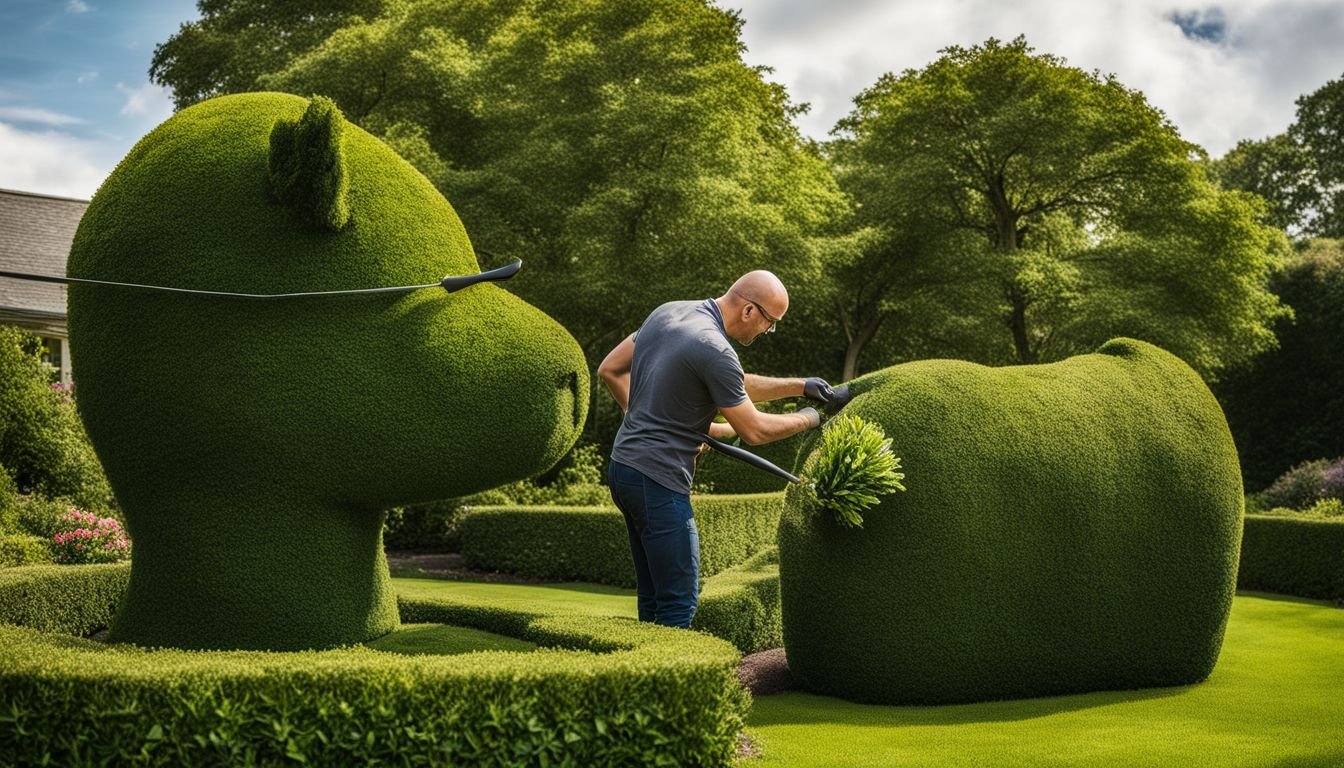 A topiary artist creating animal-shaped boxwood in a lush garden.