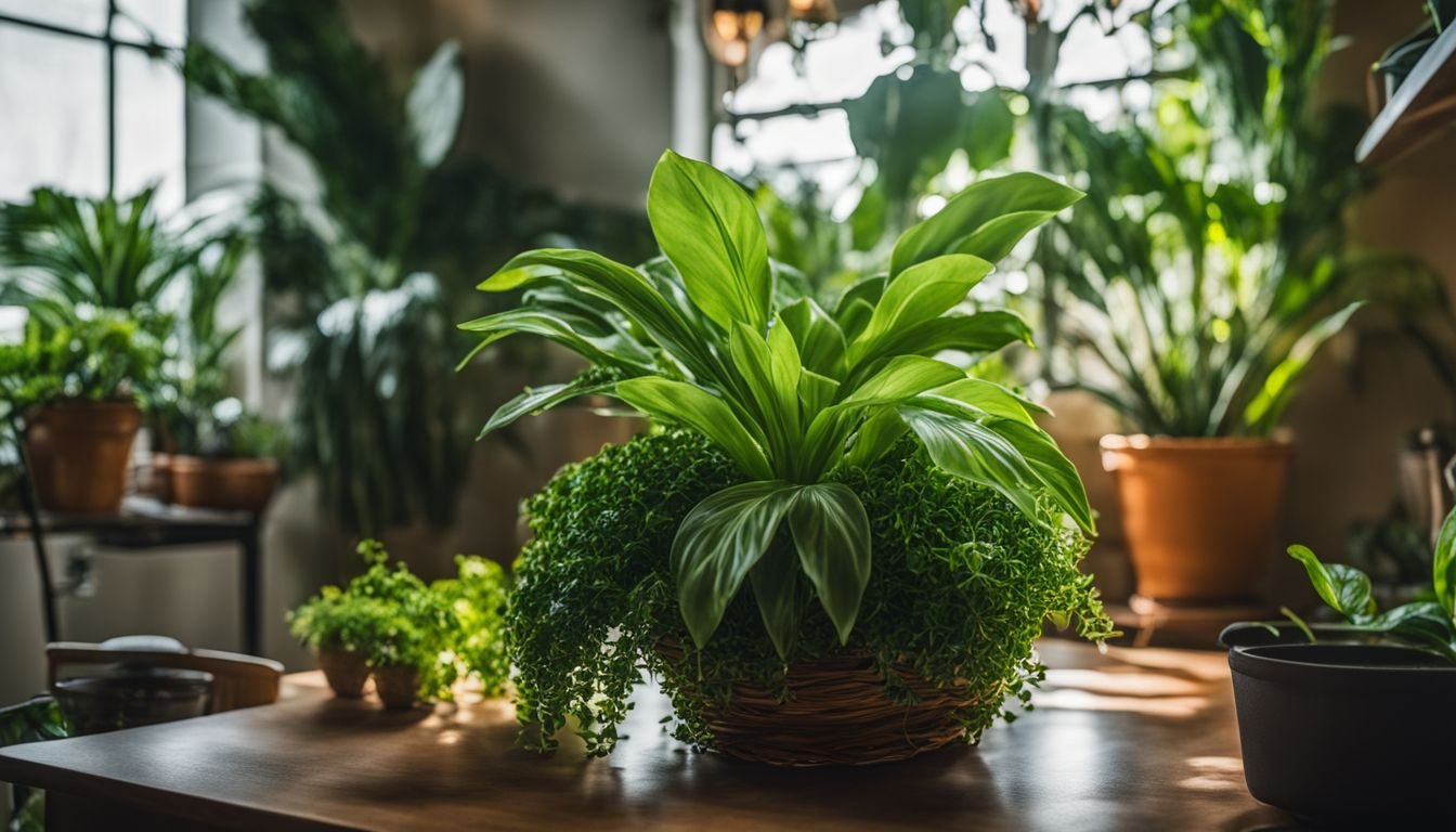 A joyful indoor plant surrounded by diverse people in stylish outfits.