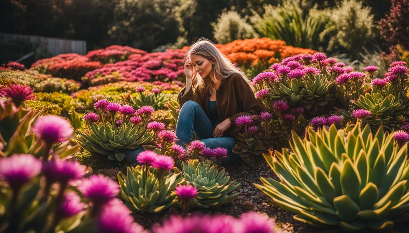 A woman admires vibrant ice plant succulent in a sunny garden.