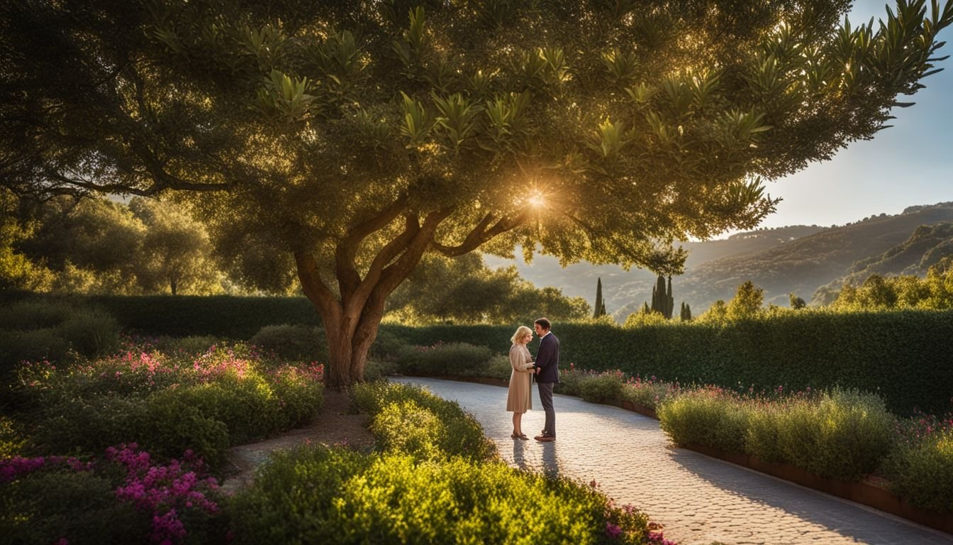 A person admires a blooming Bay Laurel tree in a Mediterranean garden.