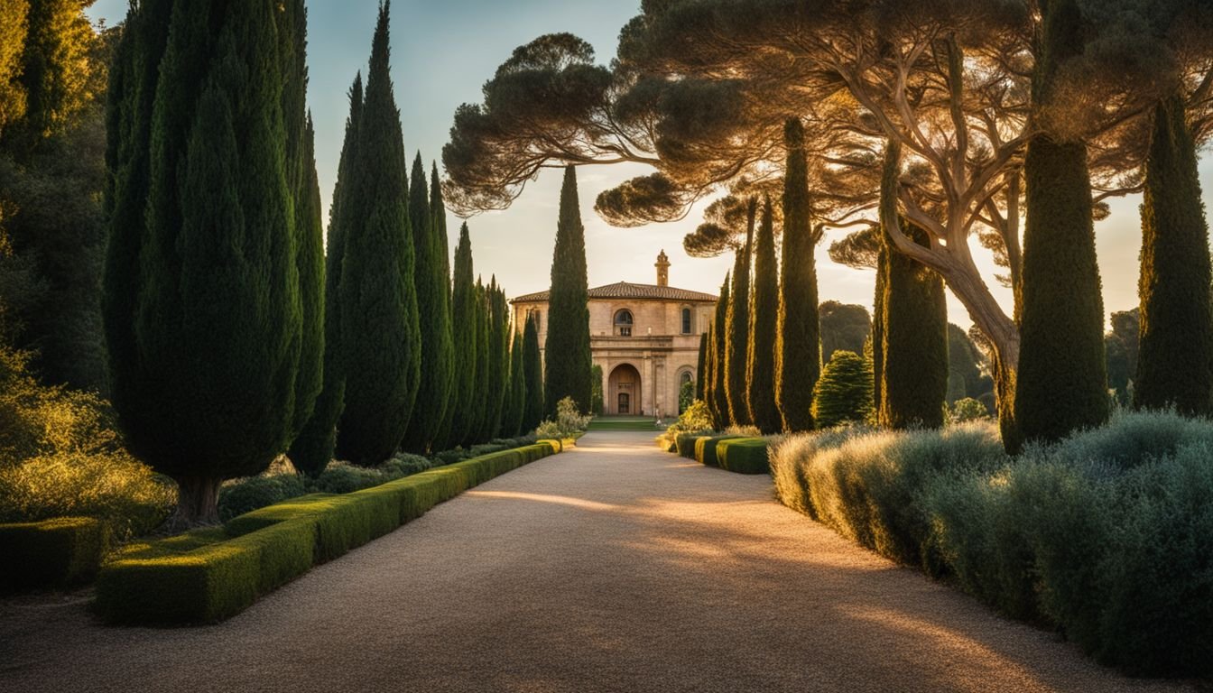 A row of Italian Cypress trees are showcased in an Australian garden.