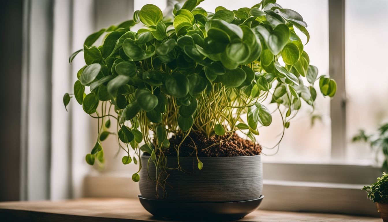 A photo of a hanging Peperomia plant in a well-draining pot.