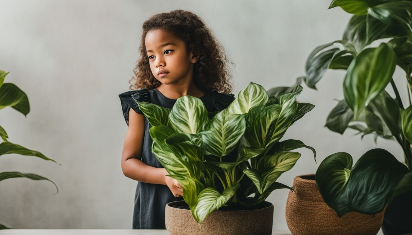 A child stands next to a potted plant with a curious expression.