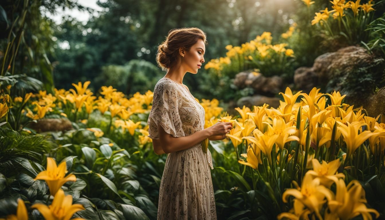 A woman enjoys a vibrant yellow lily garden in full bloom.