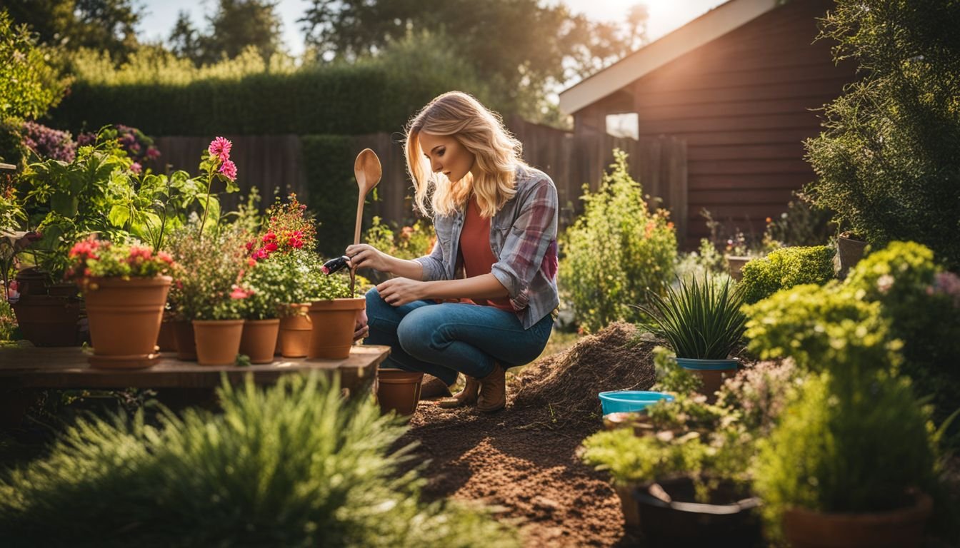 A woman gardening with mosquito repelling plants in her sunny backyard.