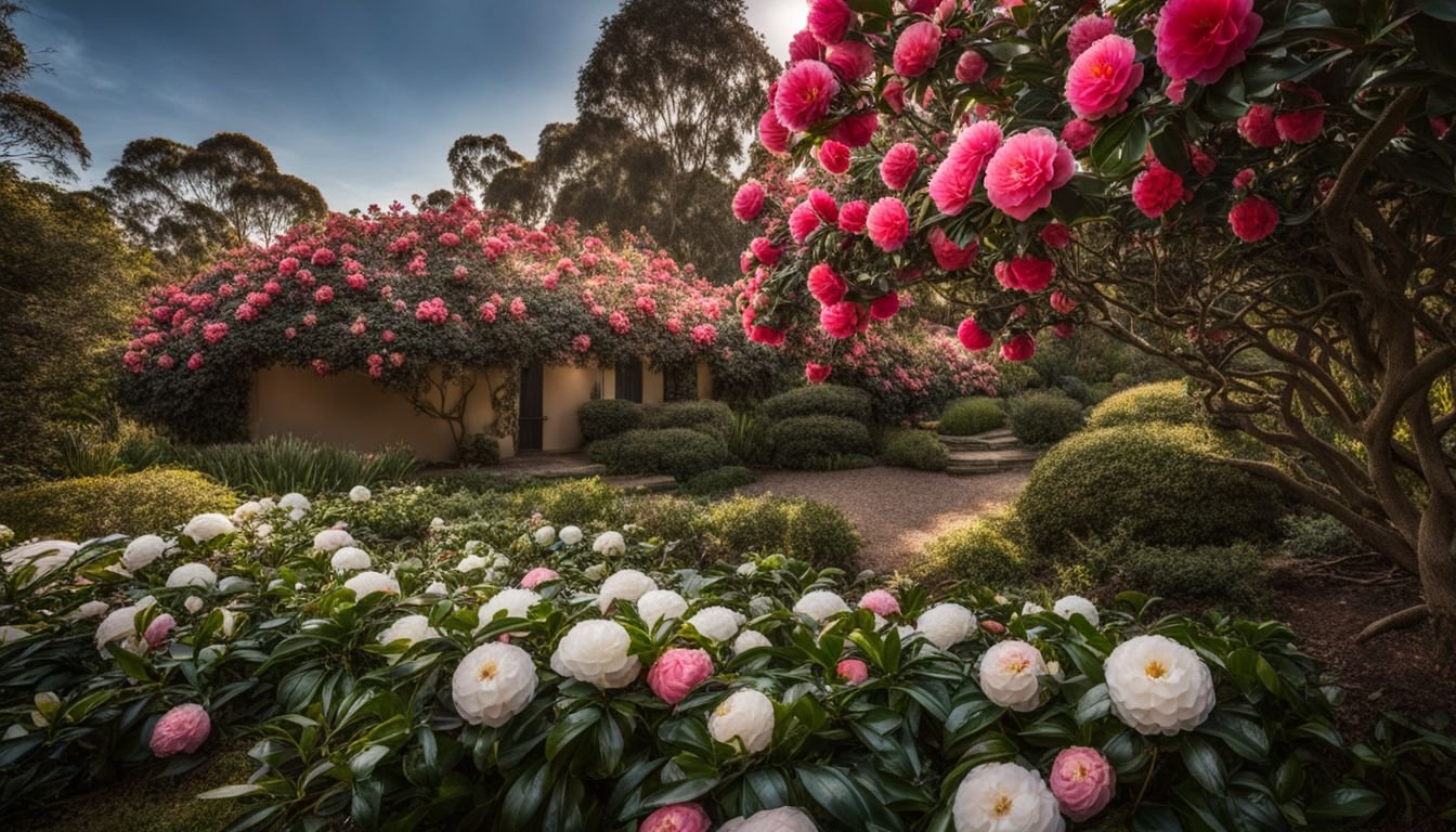 A photo of Sasanqua Camellias adding elegance to a beautifully landscaped garden.