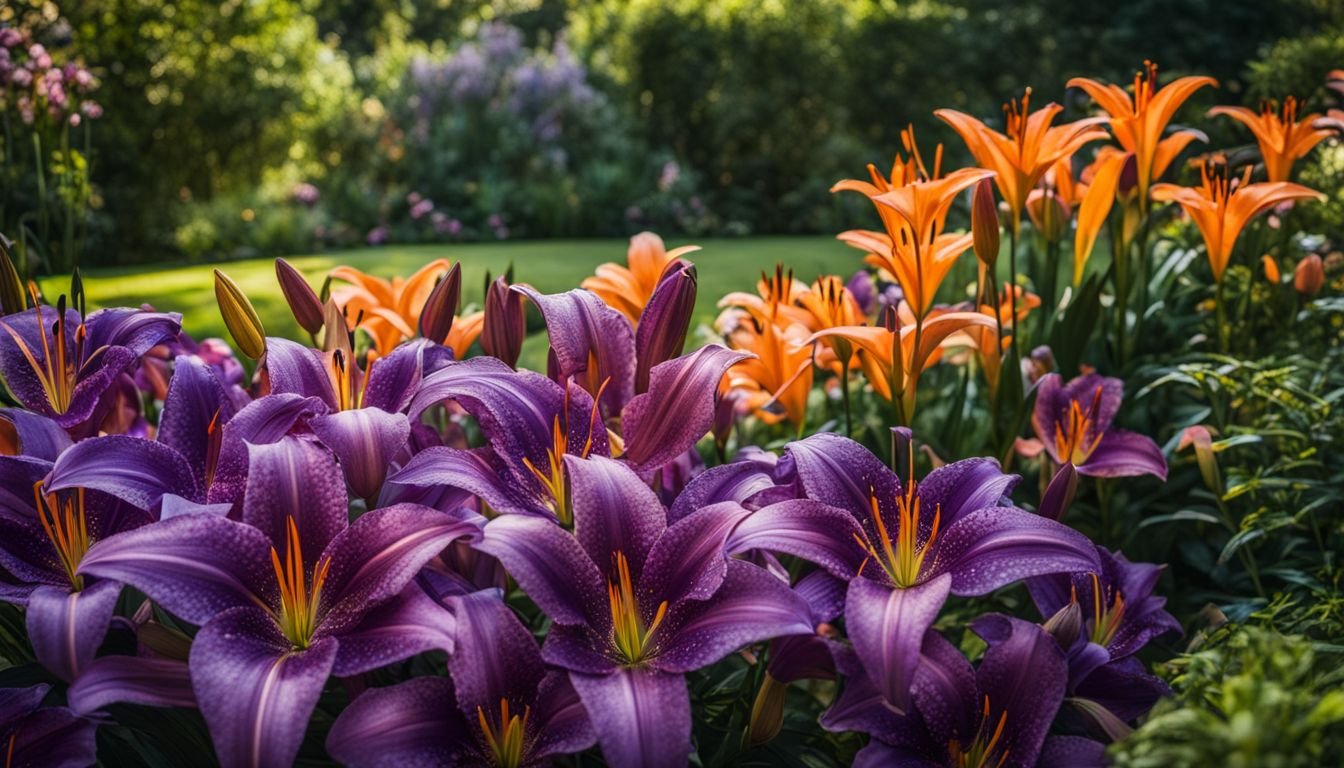 A vibrant garden with purple and orange lilies in full bloom.
