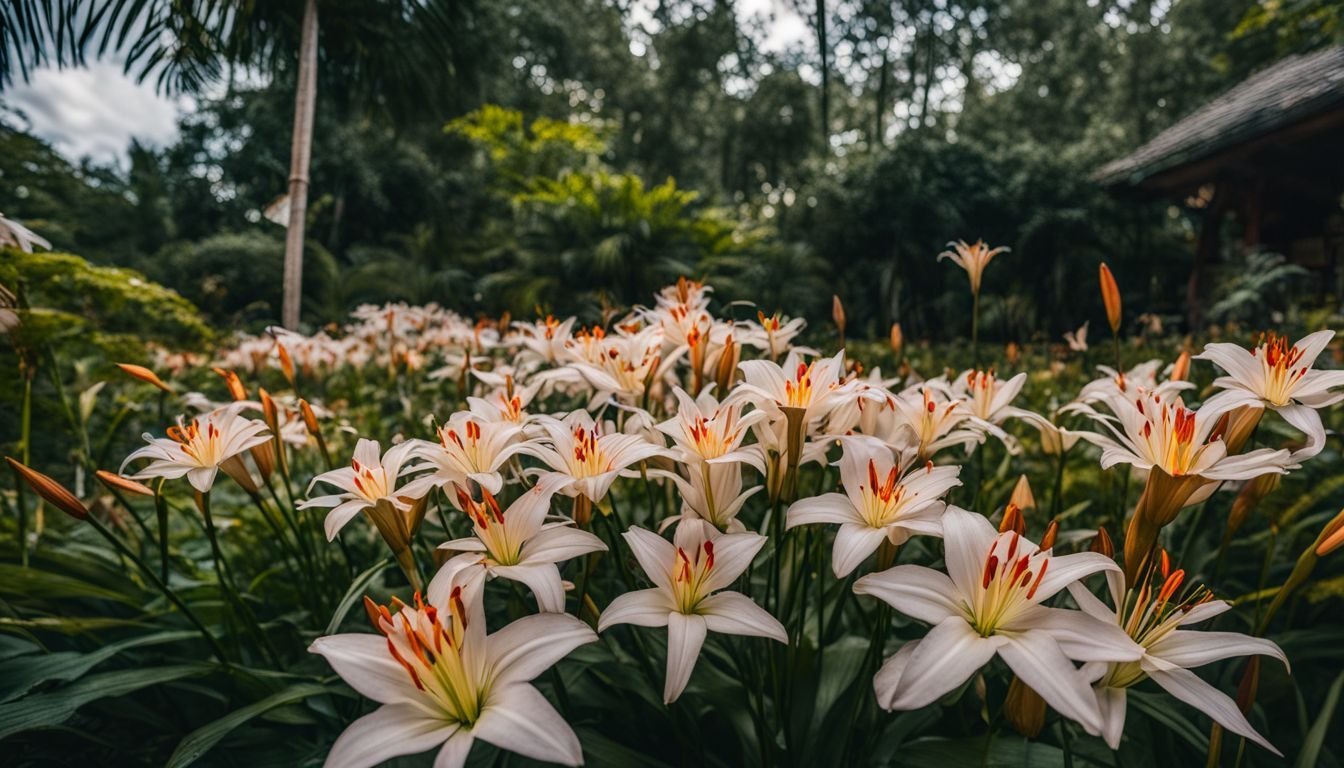 A cluster of Storm Lilies blooming in a lush garden setting.