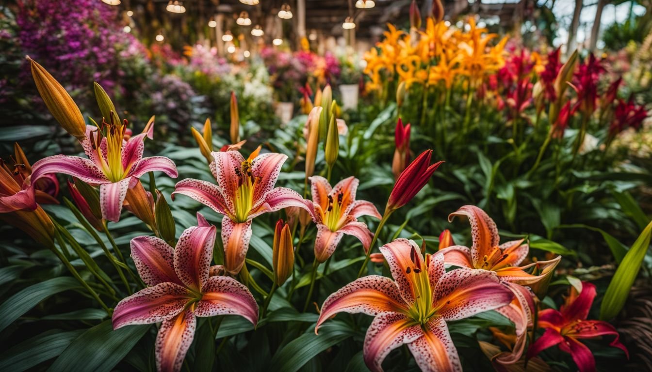 A stunning display of tribal lilies in a garden centre.