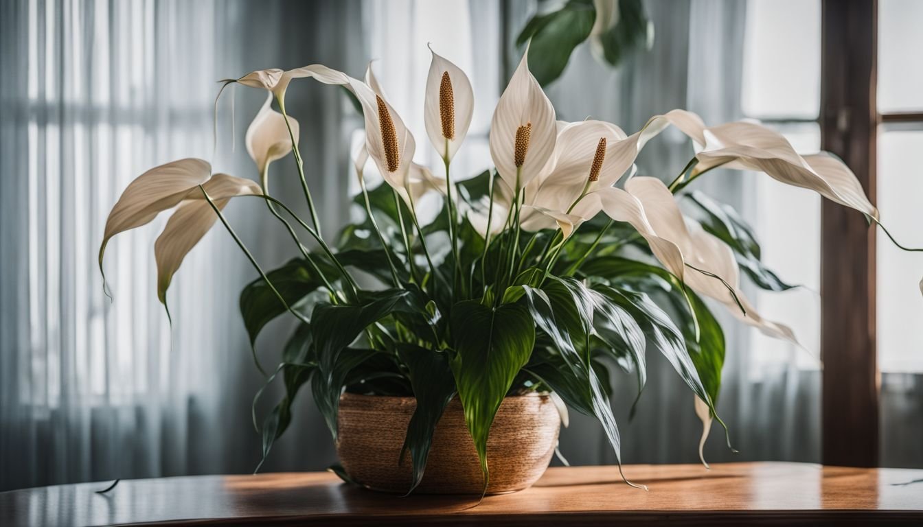 A photo of a Peace Lily plant with wilted flowers in a room.