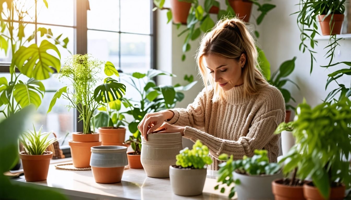 A woman measures a pot for her indoor plants in 2021.