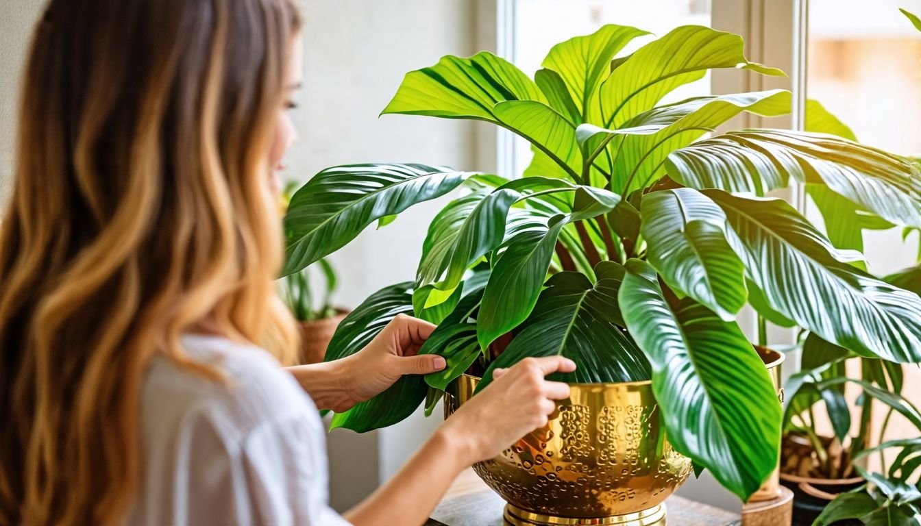 A woman in her mid-30s elegantly arranging a lush tropical plant in a high-quality brass planter.