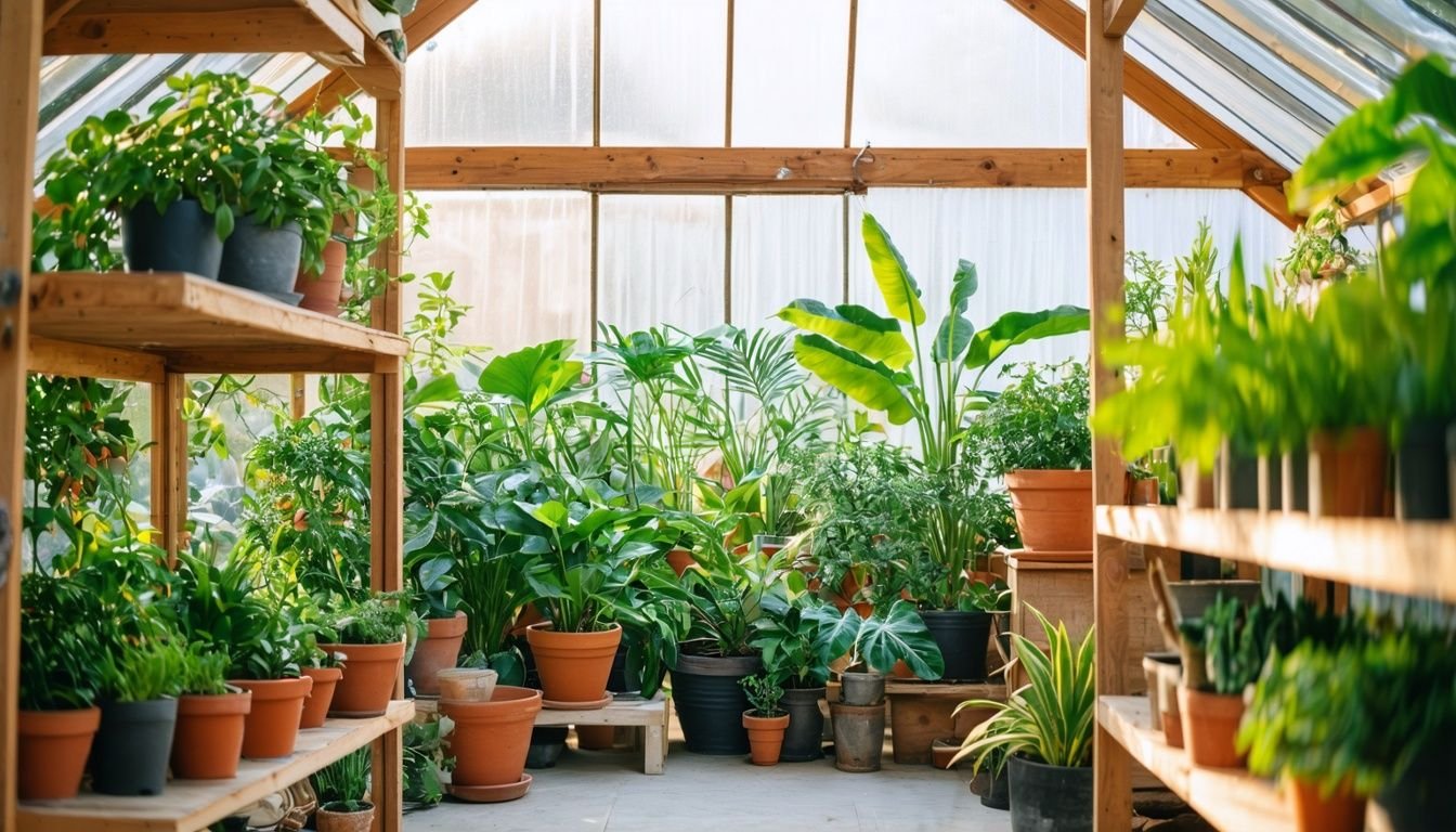 A well-arranged greenhouse with lush plants in stylish pottery pots.