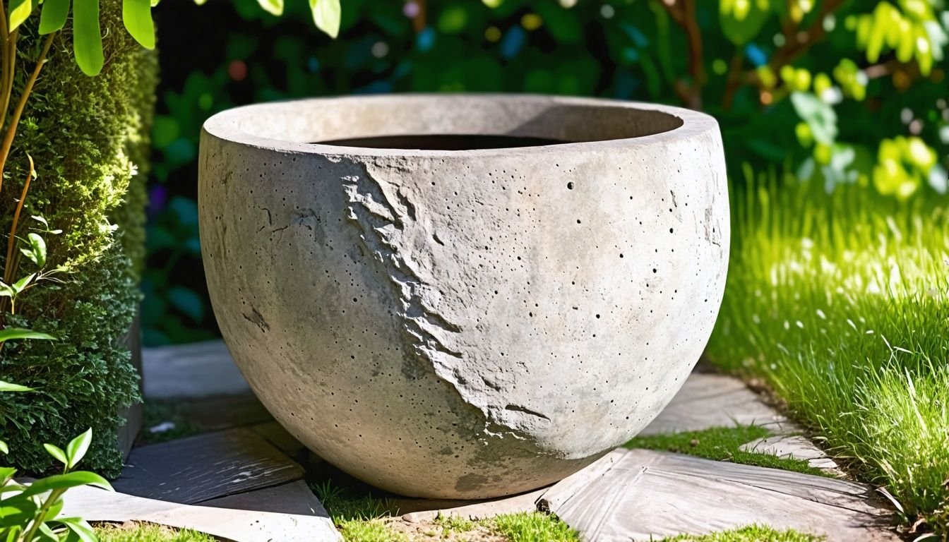 A weathered cement planter in a lush backyard garden.