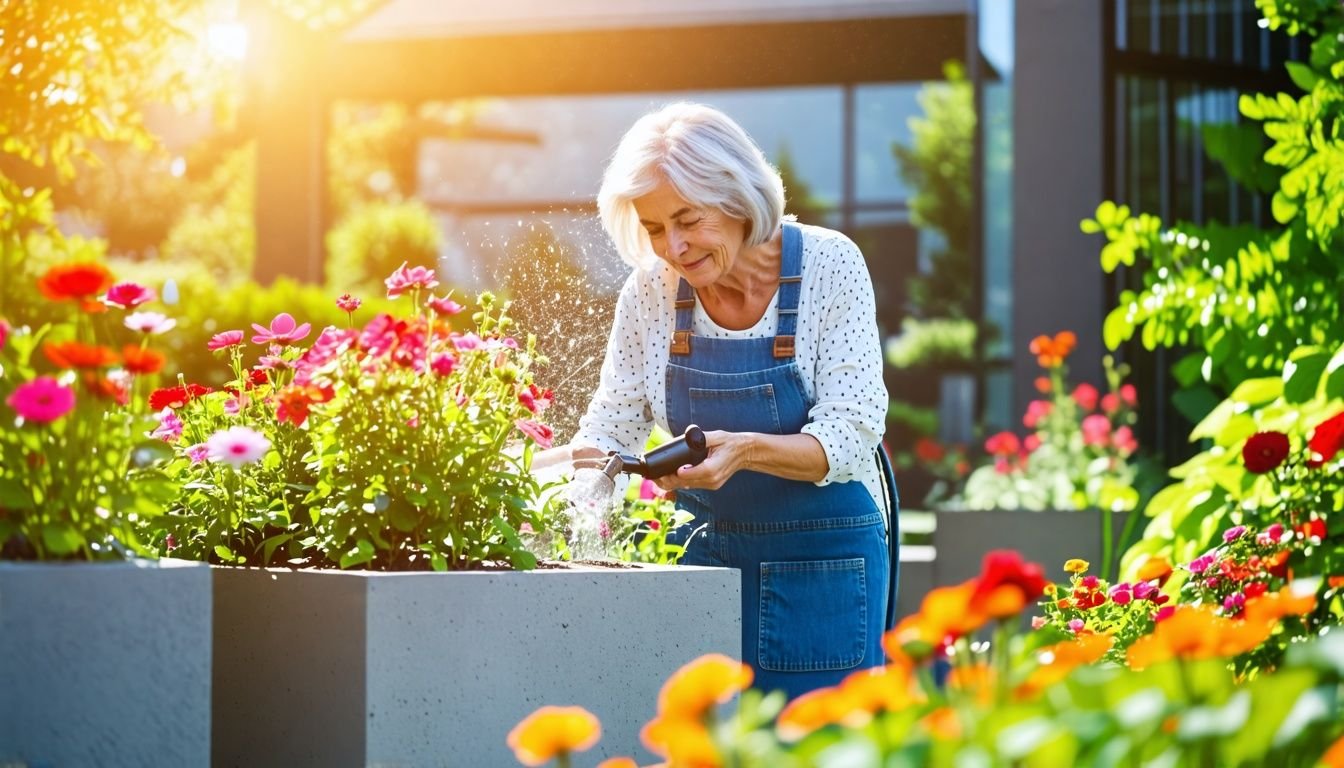 A mature woman peacefully watering vibrant flowers in a lush garden.