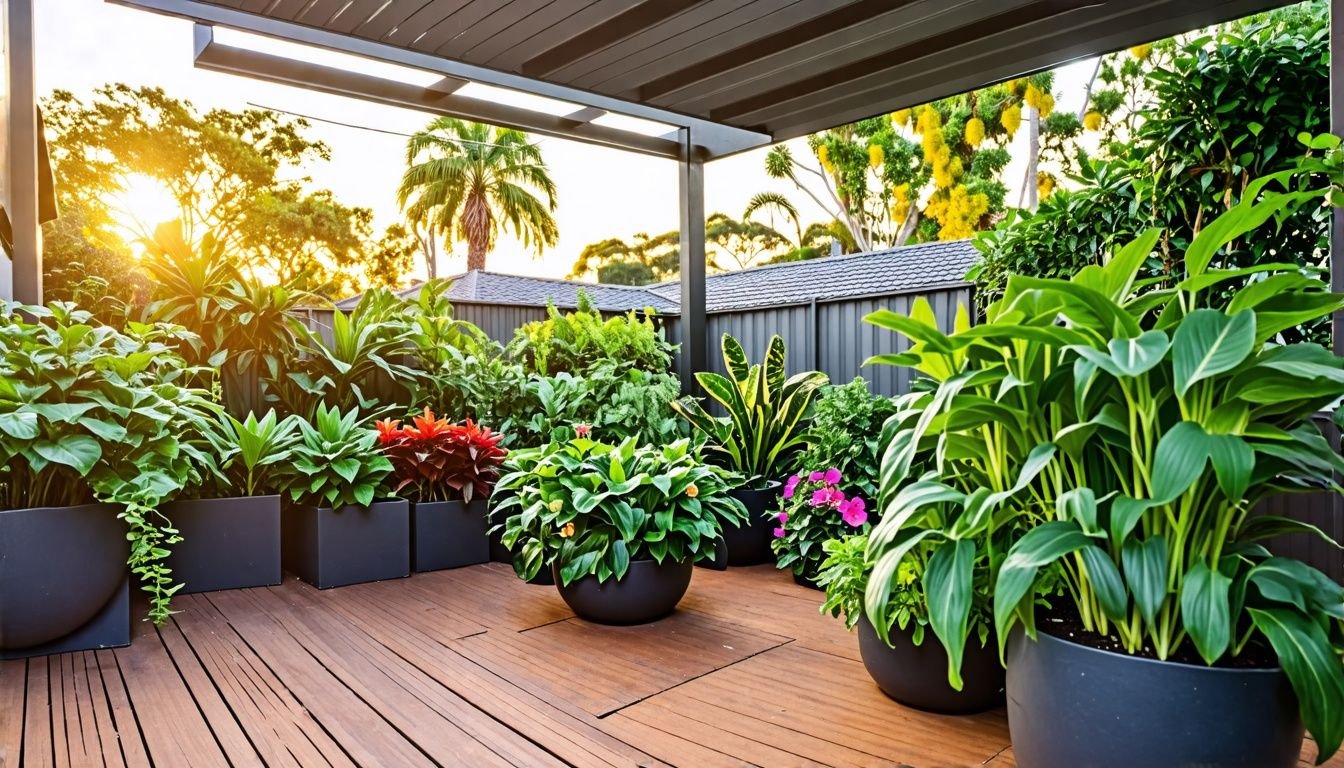 Spacious backyard patio with lush green plants in self-watering pots.