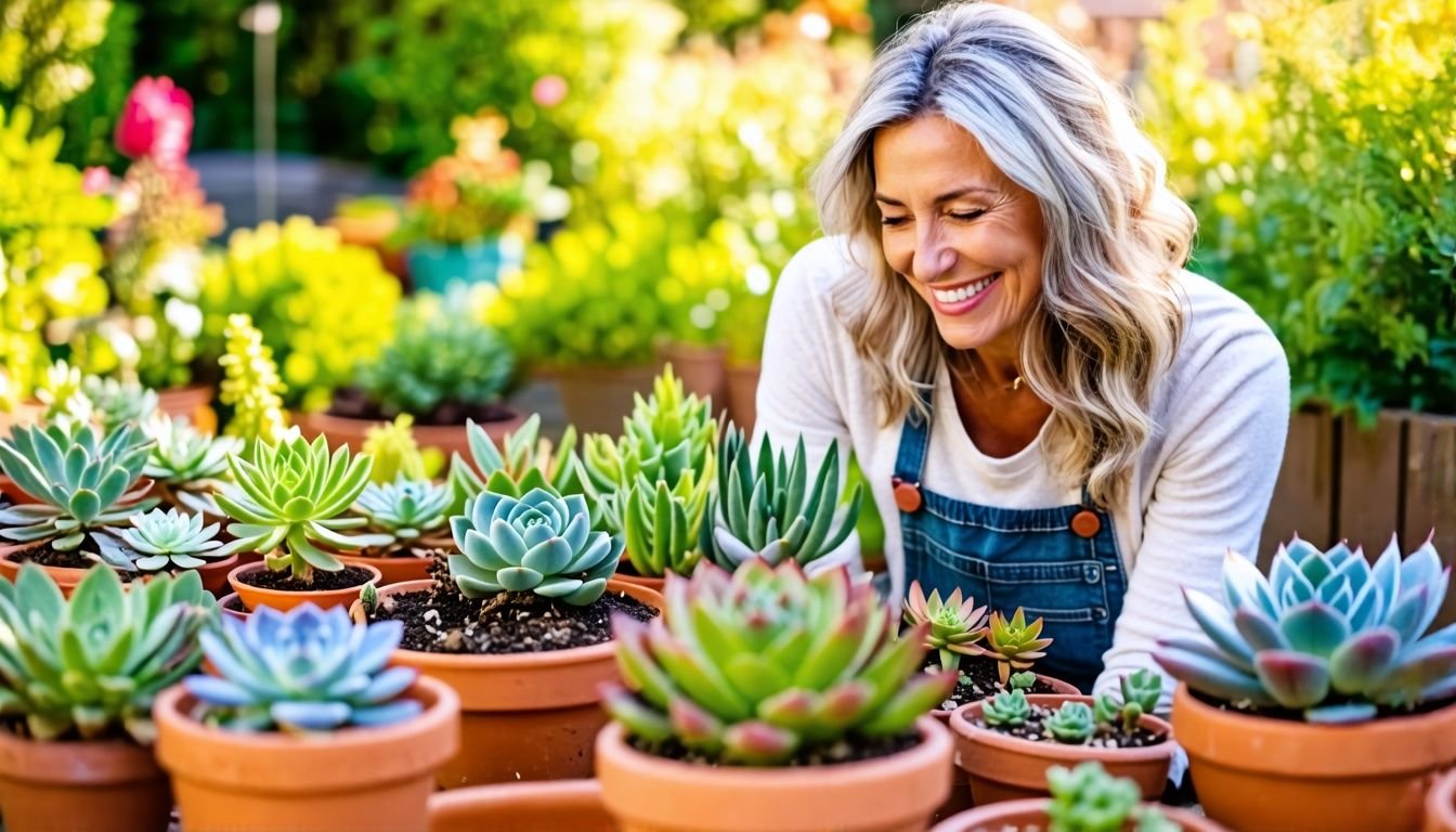 A woman in her 40s happily planting succulents in a backyard garden.