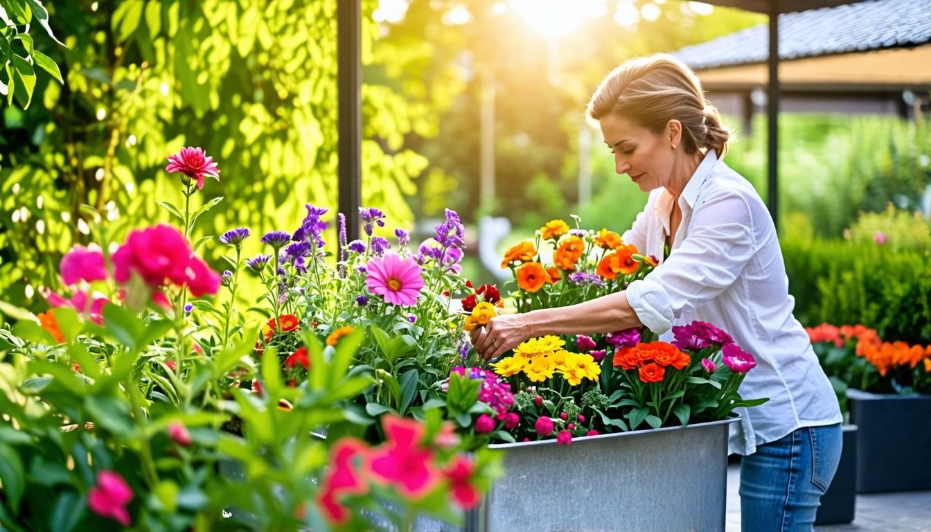 A woman in her 40s arranging vibrant flowers in a planter.