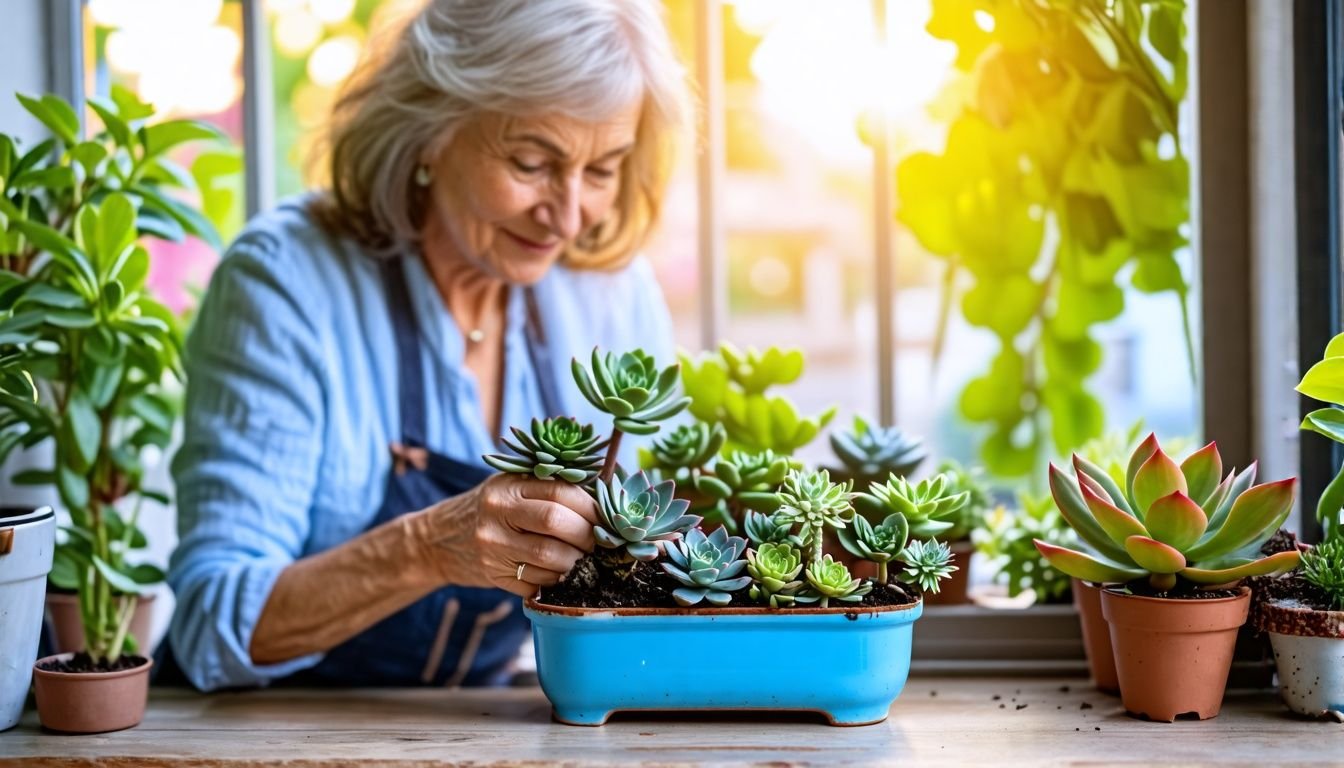 A woman planting succulents in a blue planter on a windowsill.