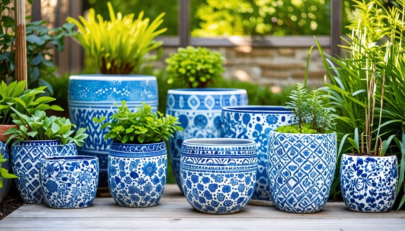 Various blue and white planters showcased in a garden setting.