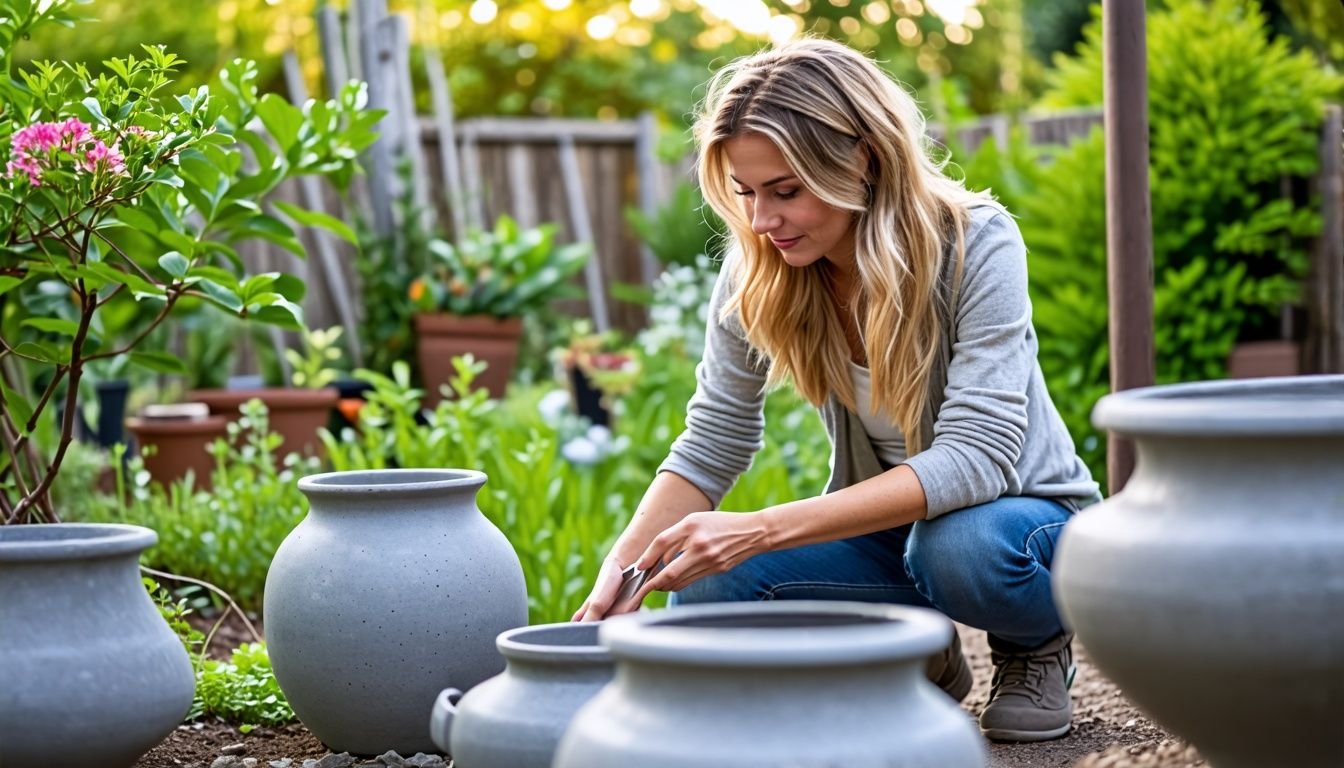 A woman is choosing concrete pots for her garden.