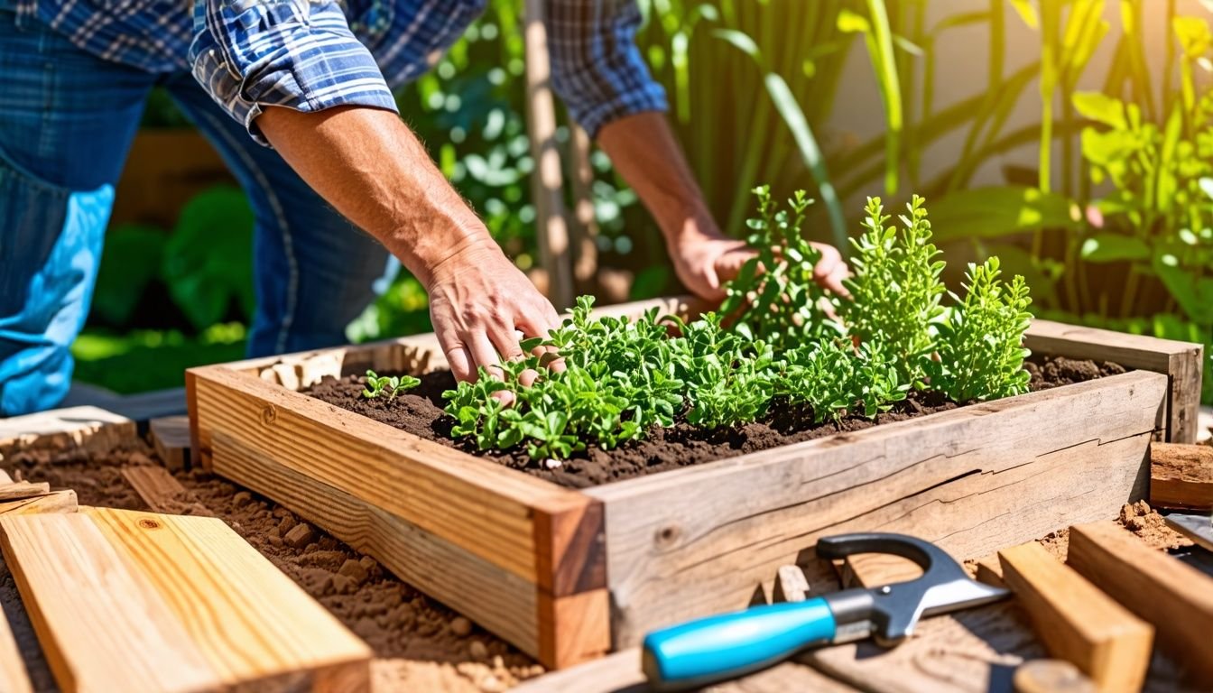 A person in their 40s examining wood for a planter box.