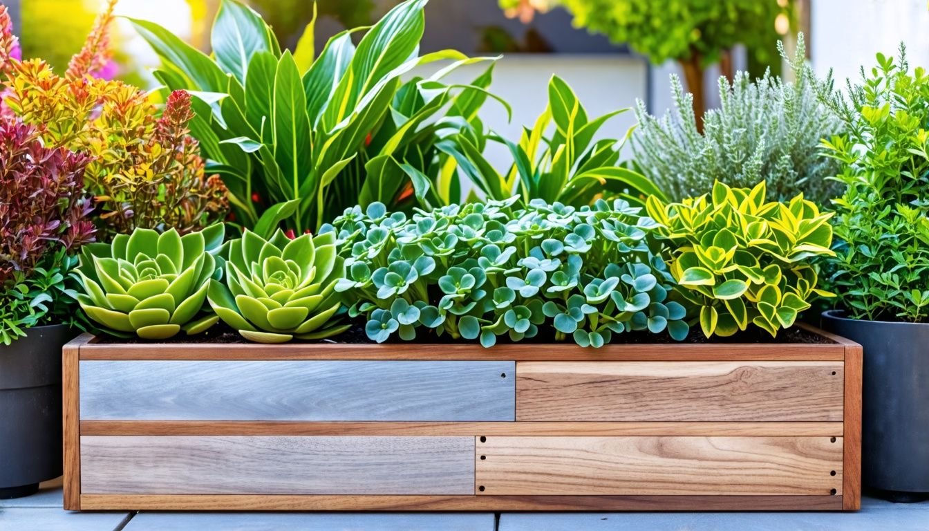 A high-quality planter box in an outdoor garden setting with different plant options.