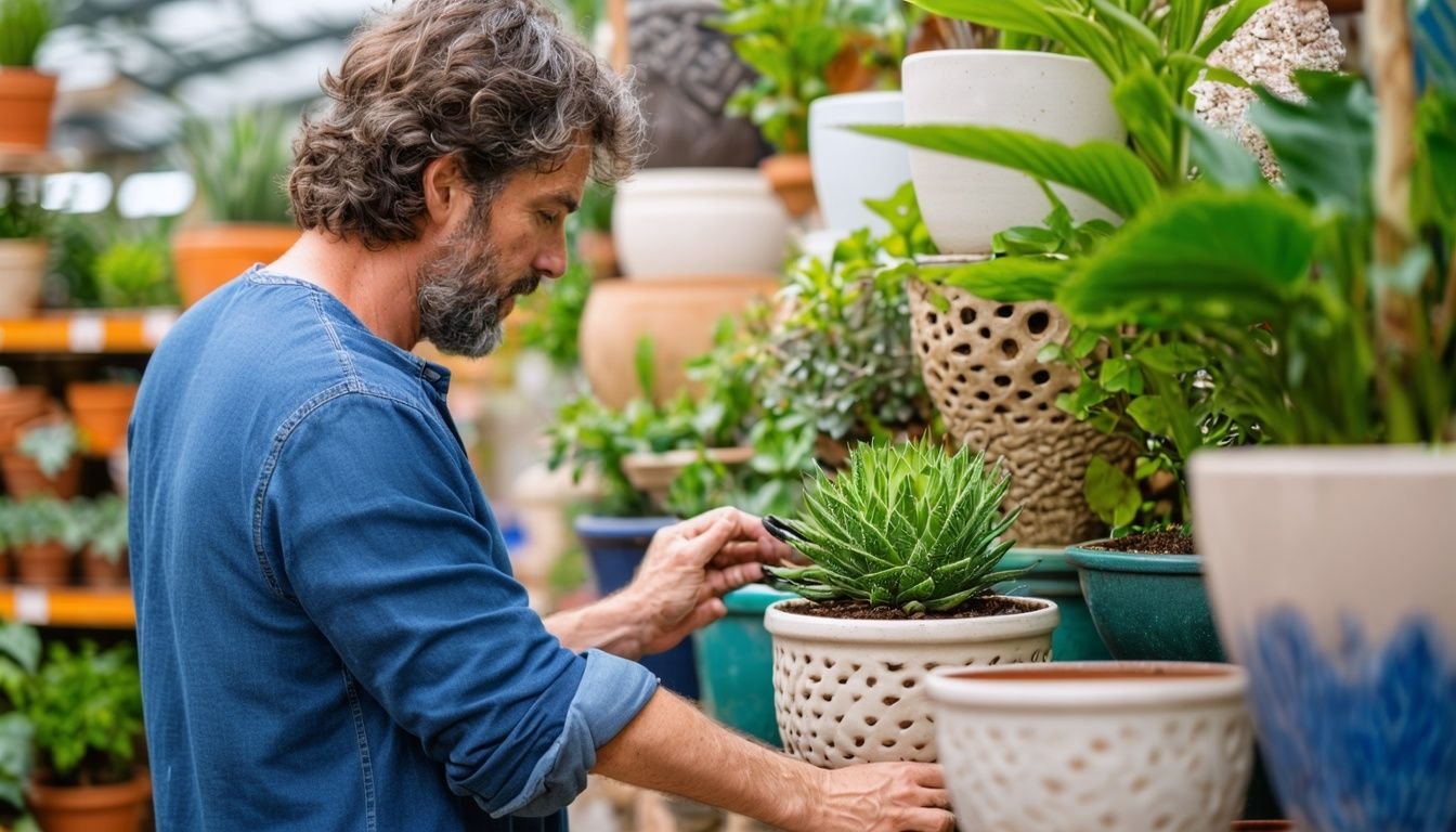 A person carefully choosing ceramic planters at a garden center.