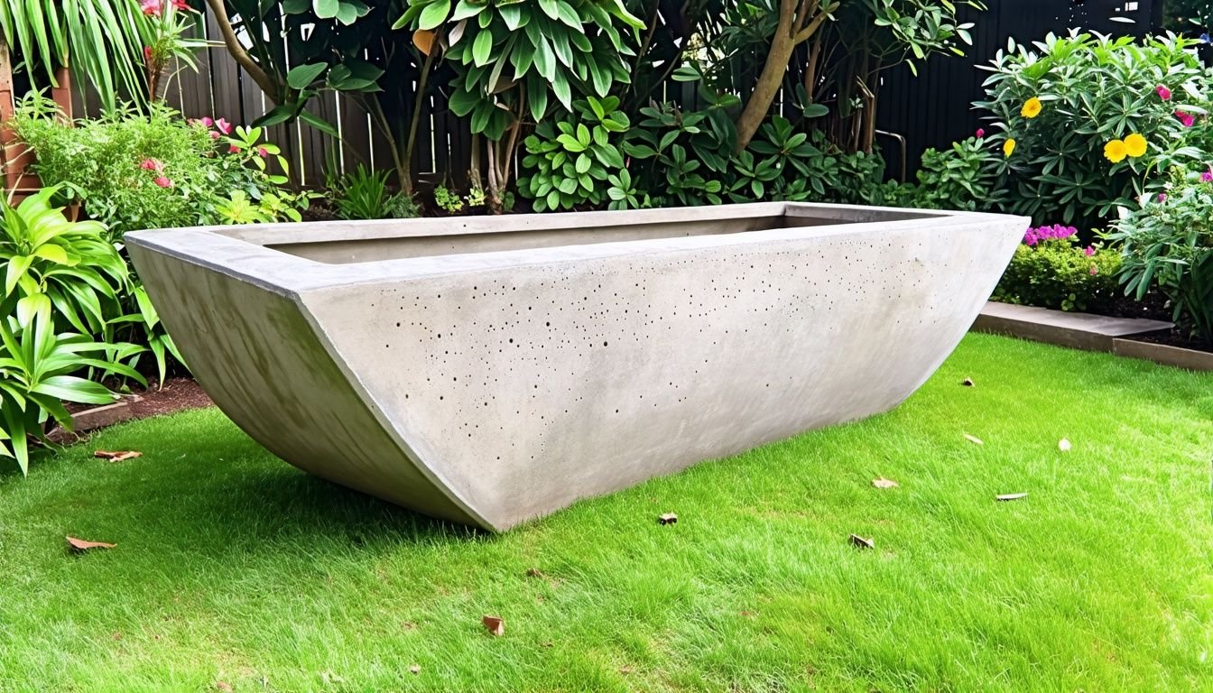 A large concrete planter in a garden surrounded by lush greenery.