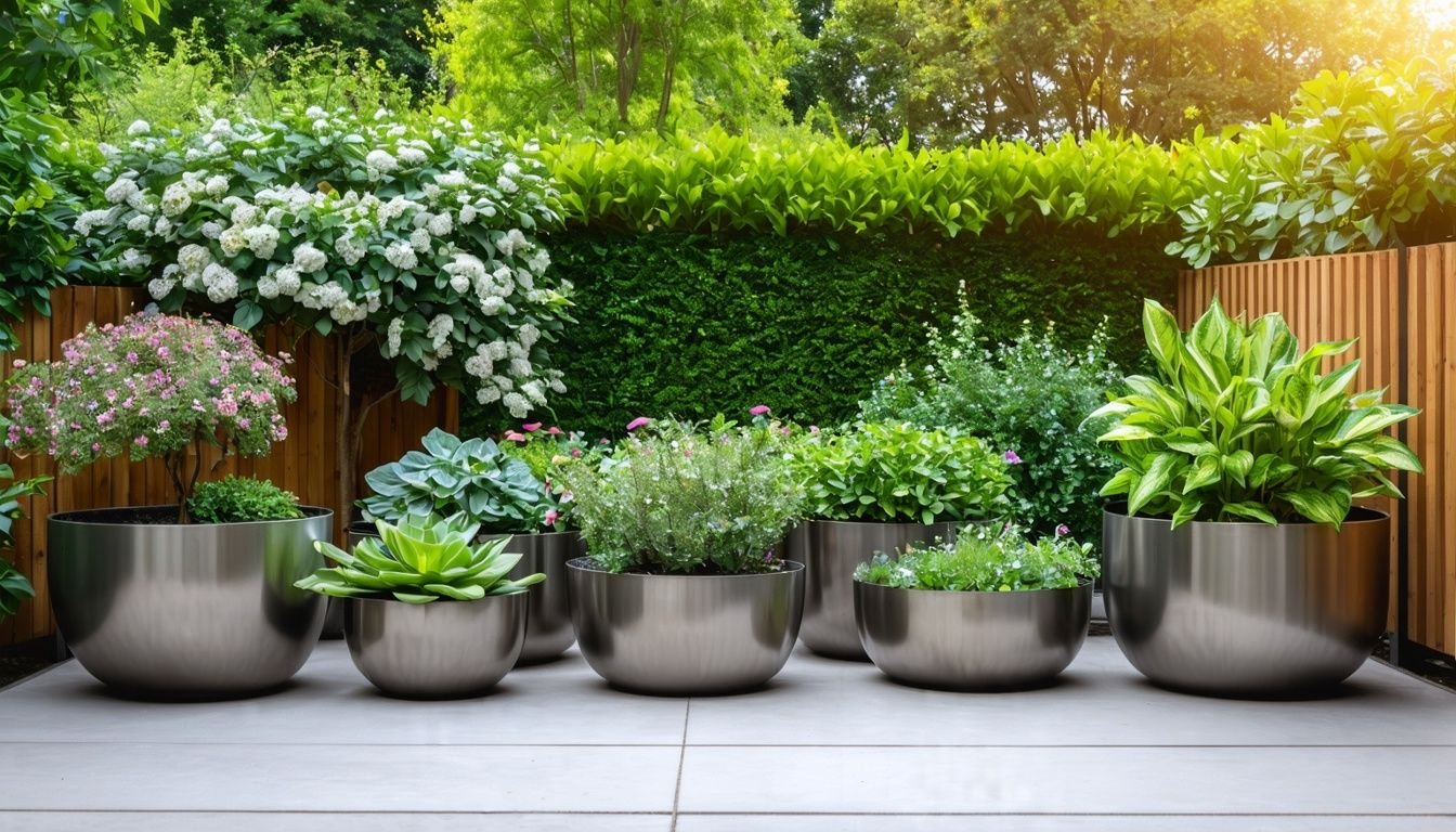 Different metal planters in a garden display for indoor gardening.