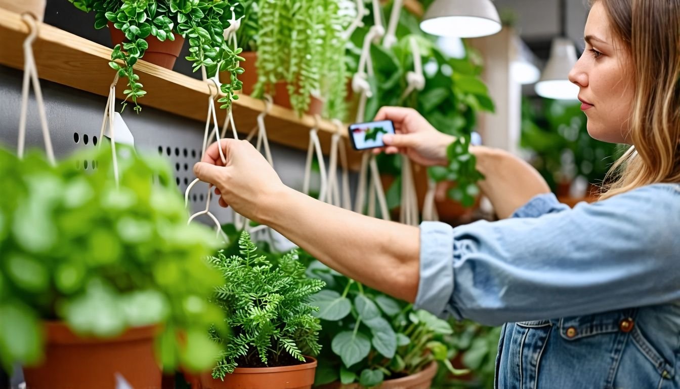 A person in their mid-30s choosing wall plant hangers at a gardening store.