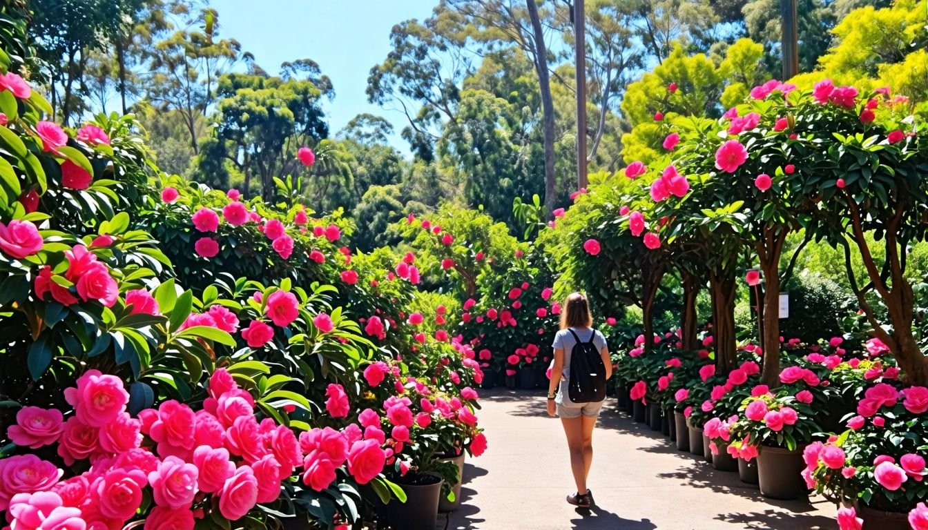 Exploring Paradise Botanical Gardens, admiring vibrant camellias under the Australian sun.