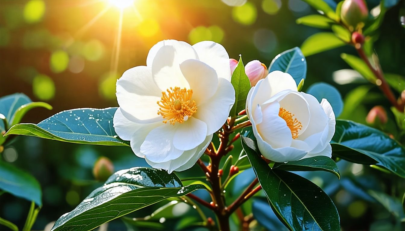 A close-up photo of a Camellia Crapnelliana plant with white flowers.