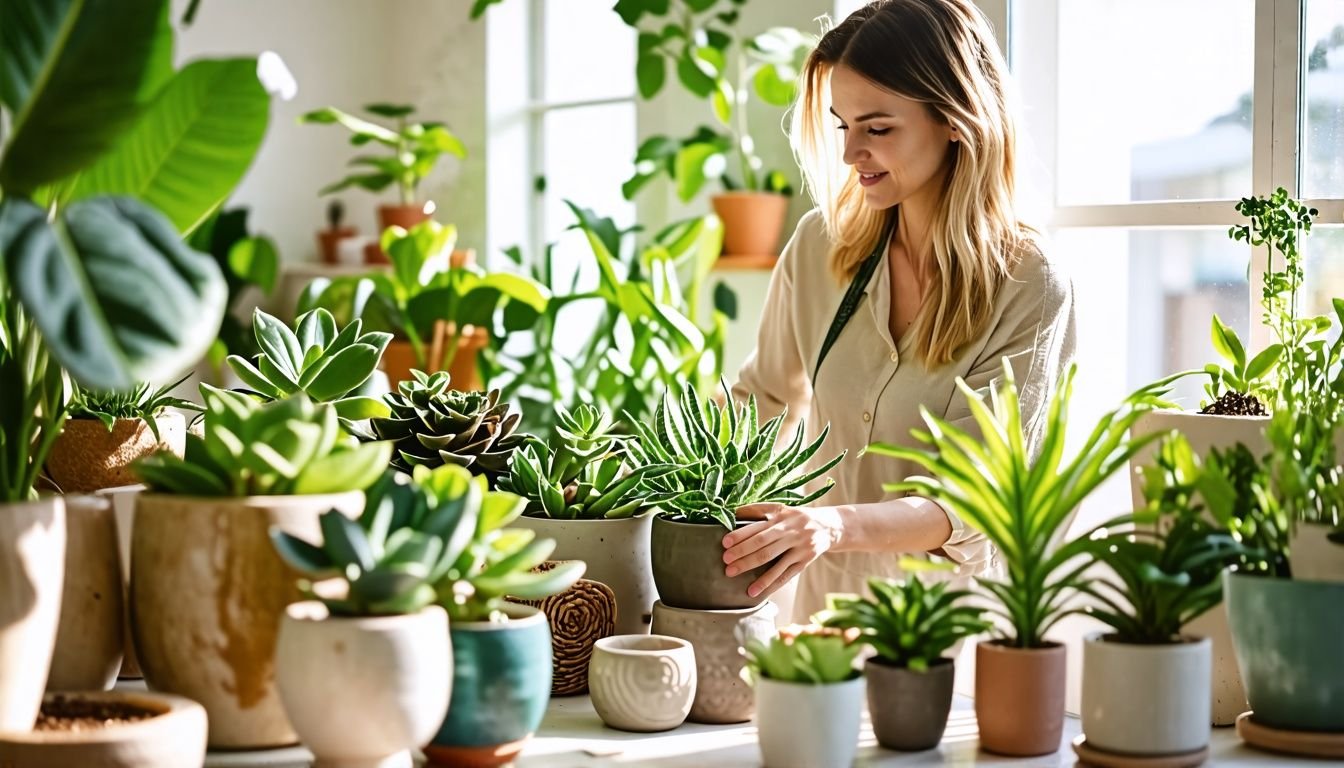 A woman in her 30s exploring a range of indoor ceramic pots.